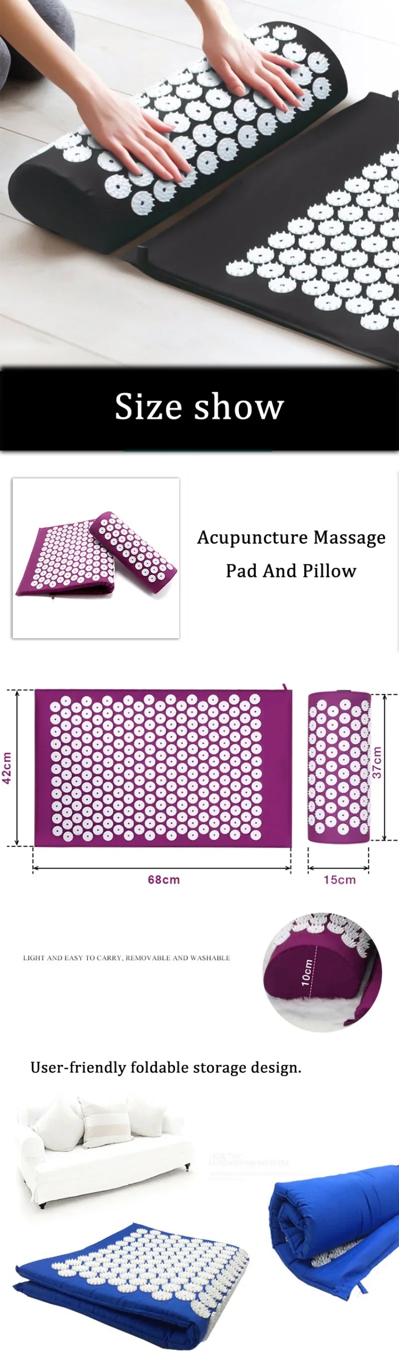 Acupuncture Massager Yoga Mat Cushion Massage Relieve Pain Stress Back Body Pain Spike Acupuncture Mat and Pillow Set with Bag